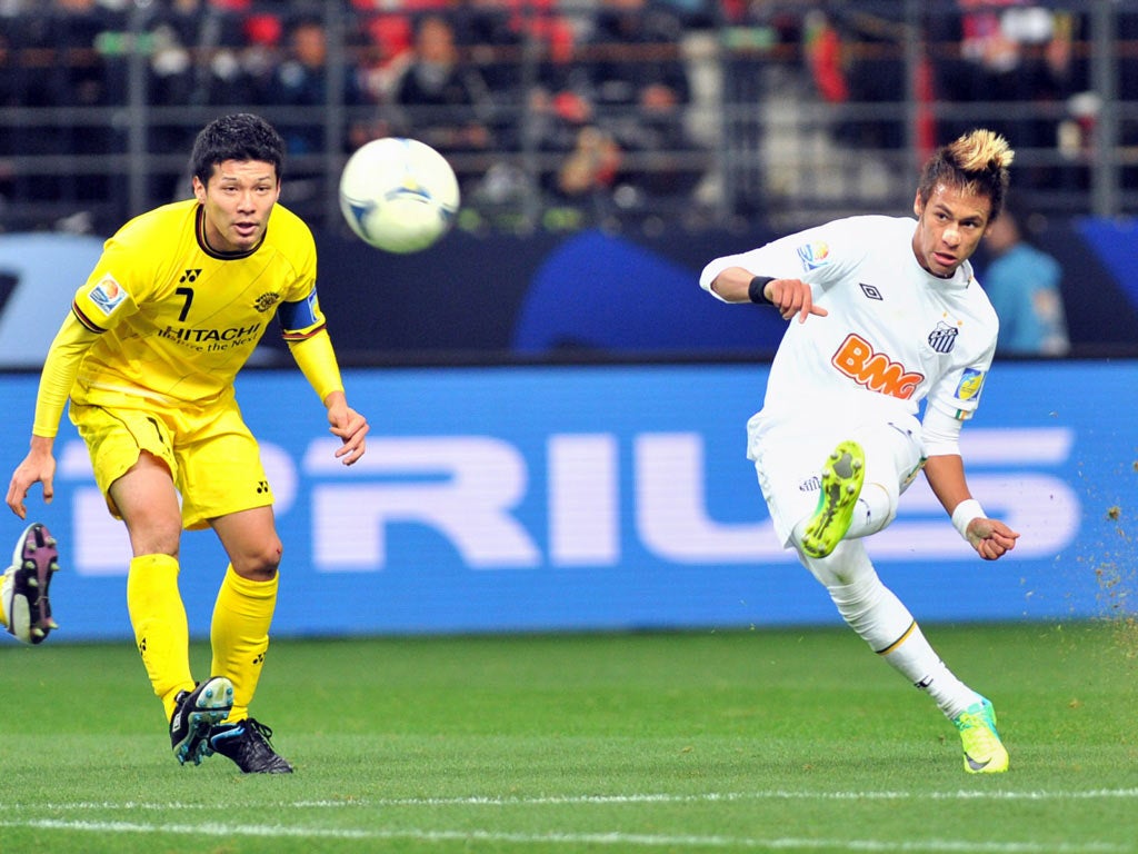 Neymar curls the ball into the top corner