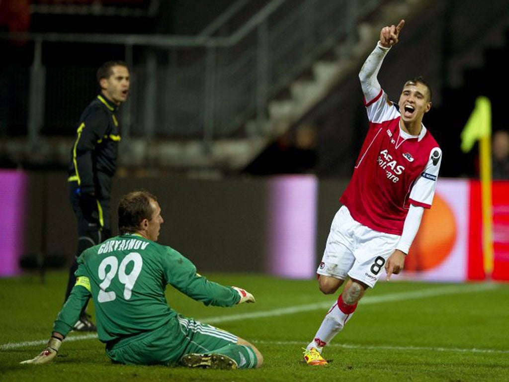 Adam Maher celebrates after scoring against Metalist Charkiv for AZ