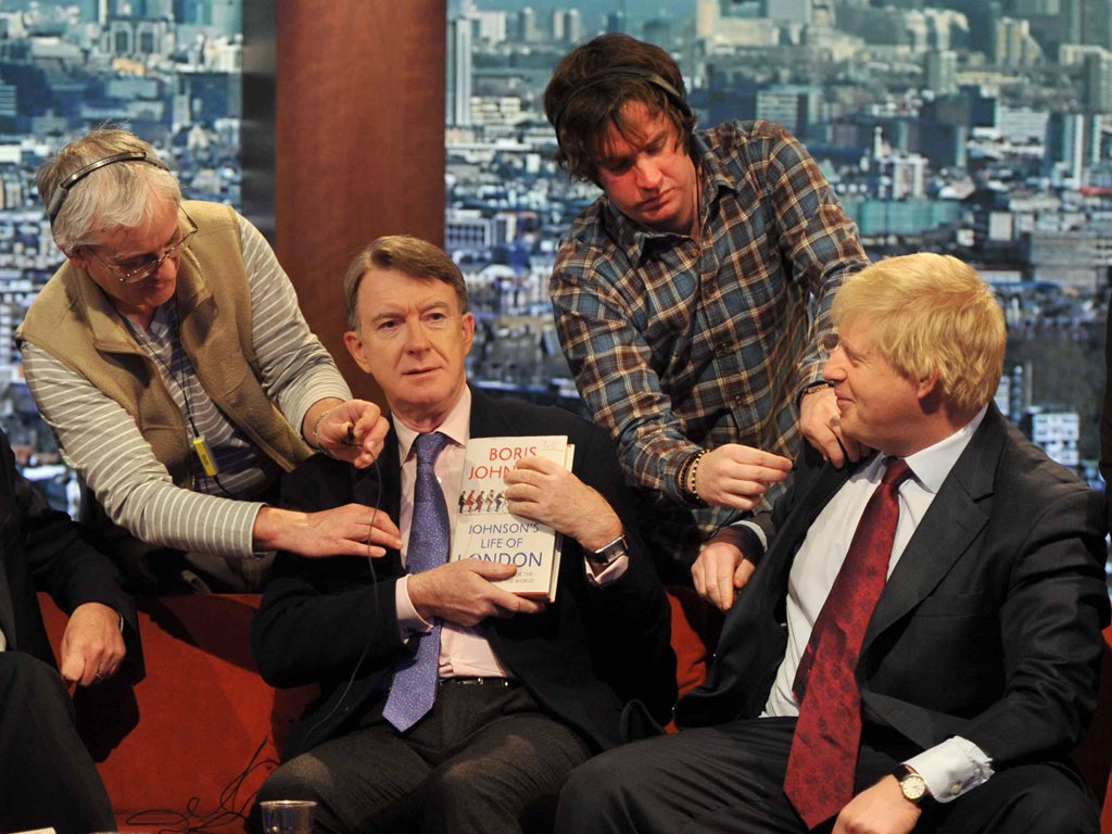 Unusual couch-fellows Boris Johnson, right, and former Labour Cabinet minister Lord Mandelson on The Andrew Marr Show yesterday