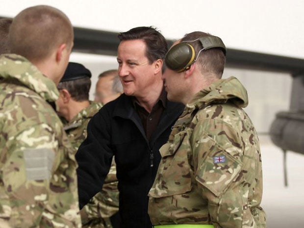 David Cameron is introduced to British soldiers at Kandahar airfield