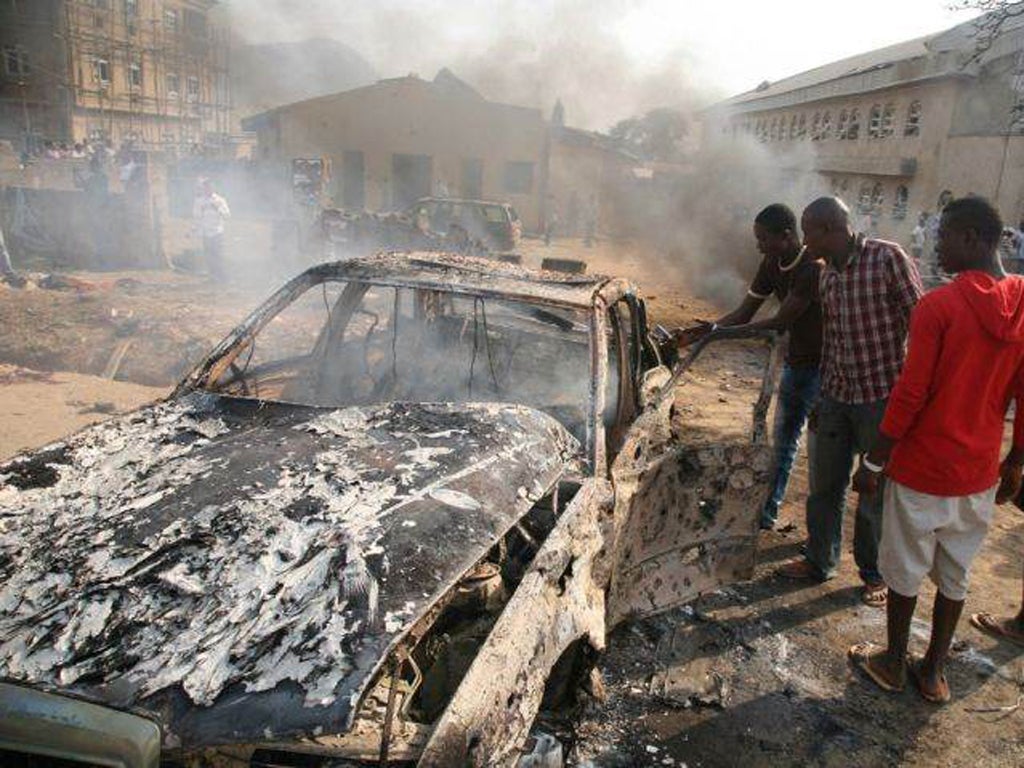 The debris left by an explosion at St Theresa’s Catholic Church near Abuja, where most of the deaths occurred