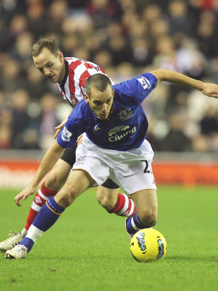 Everton’s Leon Osman (front) and David Vaughan keep their eye on the ball