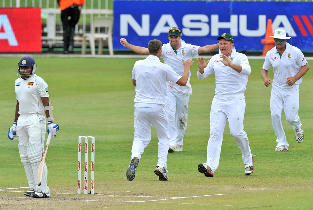 Mahela Jayawardene of Sri Lanka is given LBW for 14 runs off the bowling of Marchant de Lange