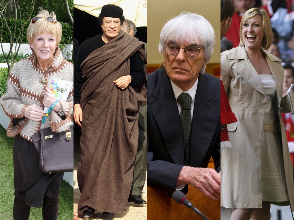 L-R: Anne Robinson, 'Trouble with the ball'; Gaddafi, 'A great bloke'; Bernie Ecclestone, ' Inferiority complex'; Kelly Cates, 'It's all too much for me'