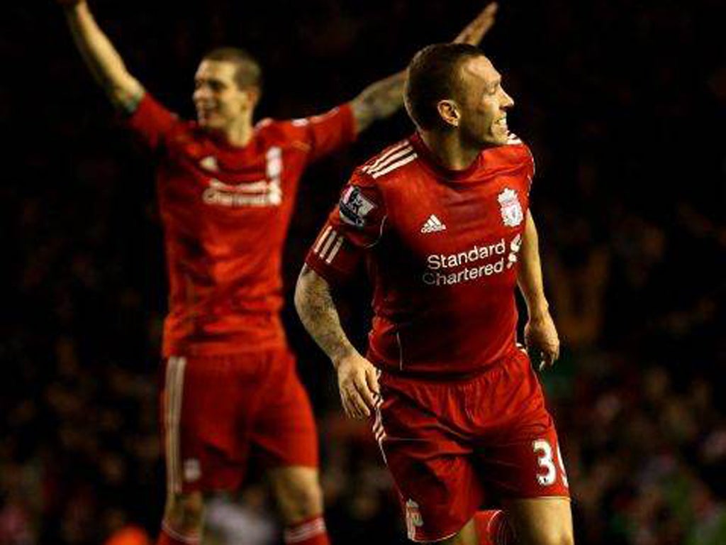 Craig Bellamy celebrates scoring Liverpool's second goal