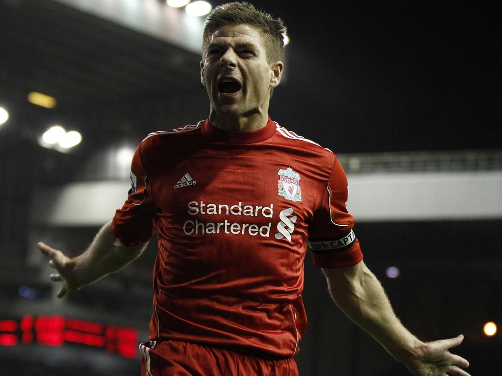 Steven Gerrard celebrates his goal against Newcastle last night