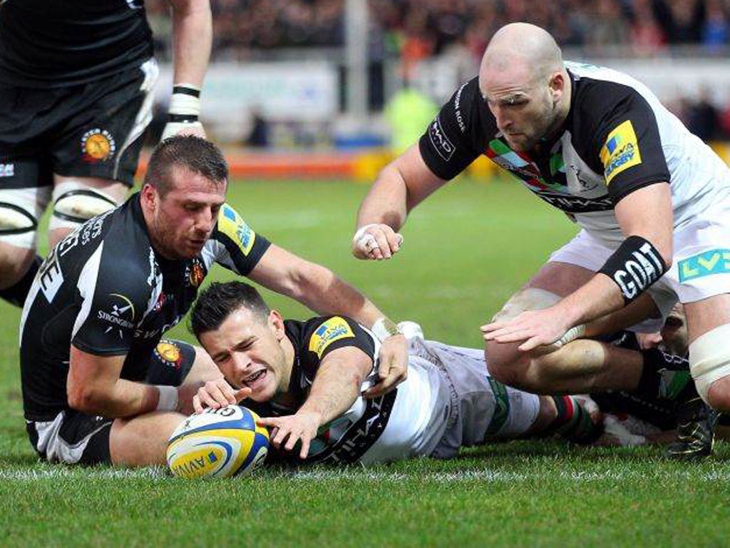 Danny Care dives over the tryline to give Harlequins a 5-0 lead in the first three minutes at Exeter