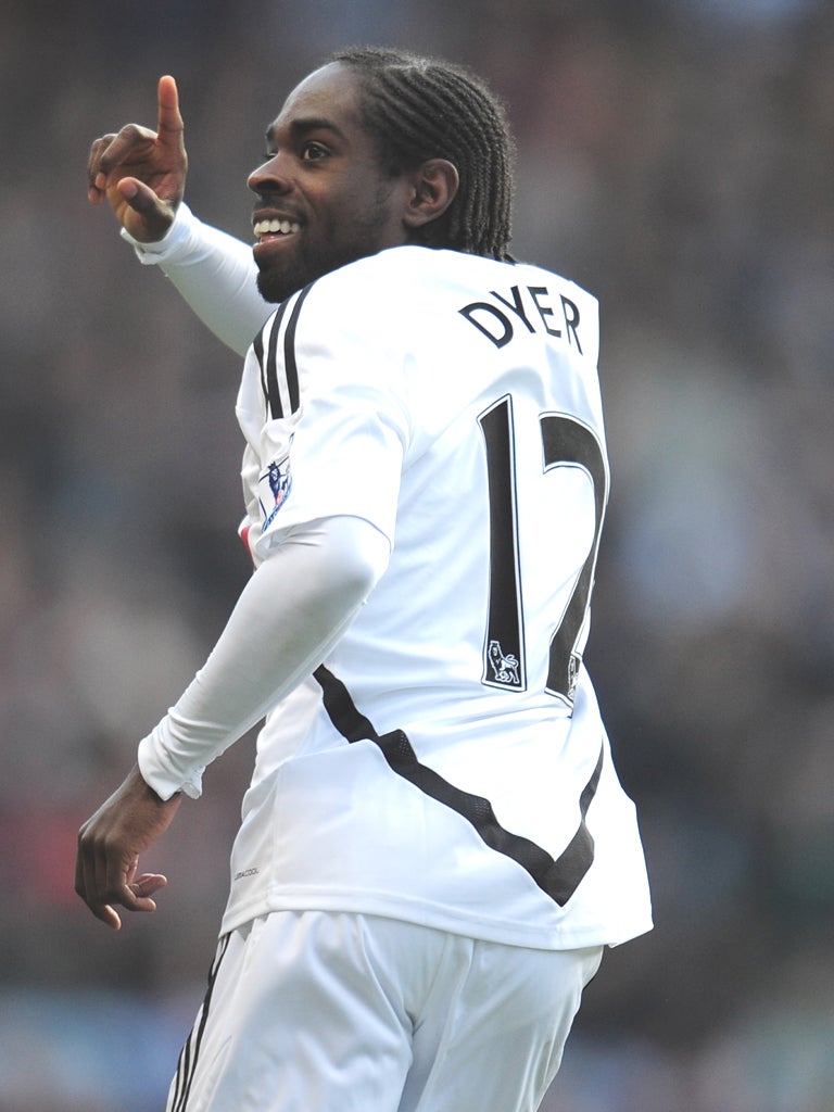 Swansea’s Nathan Dyer celebrates scoring against Aston Villa