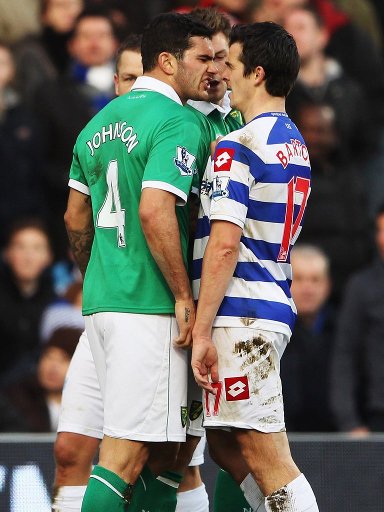 Joey Barton was sent off after clashing with Bradley Johnson