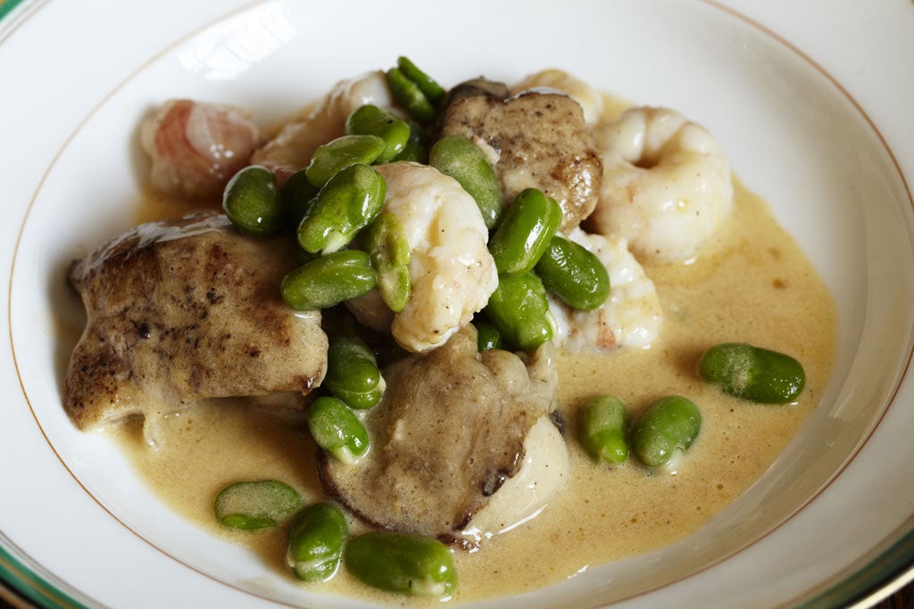 Five-spice duck livers with Dublin Bay prawns