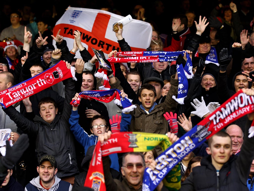 The Tamworth fans show their support for the Lambs at Goodison