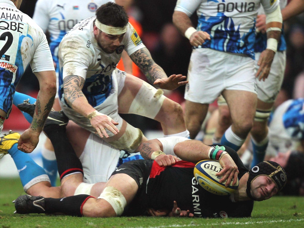 Steve Borthwick, of Saracens, scores his side’s first try during their victory over Bath at Vicarage Road yesterday