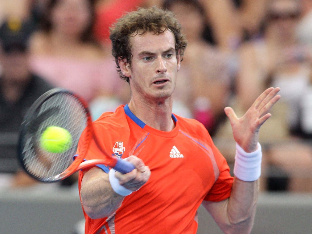 Andy Murray hits out en route to yesterday’s straight-sets win over Alexandr Dolgopolov in the Brisbane International final