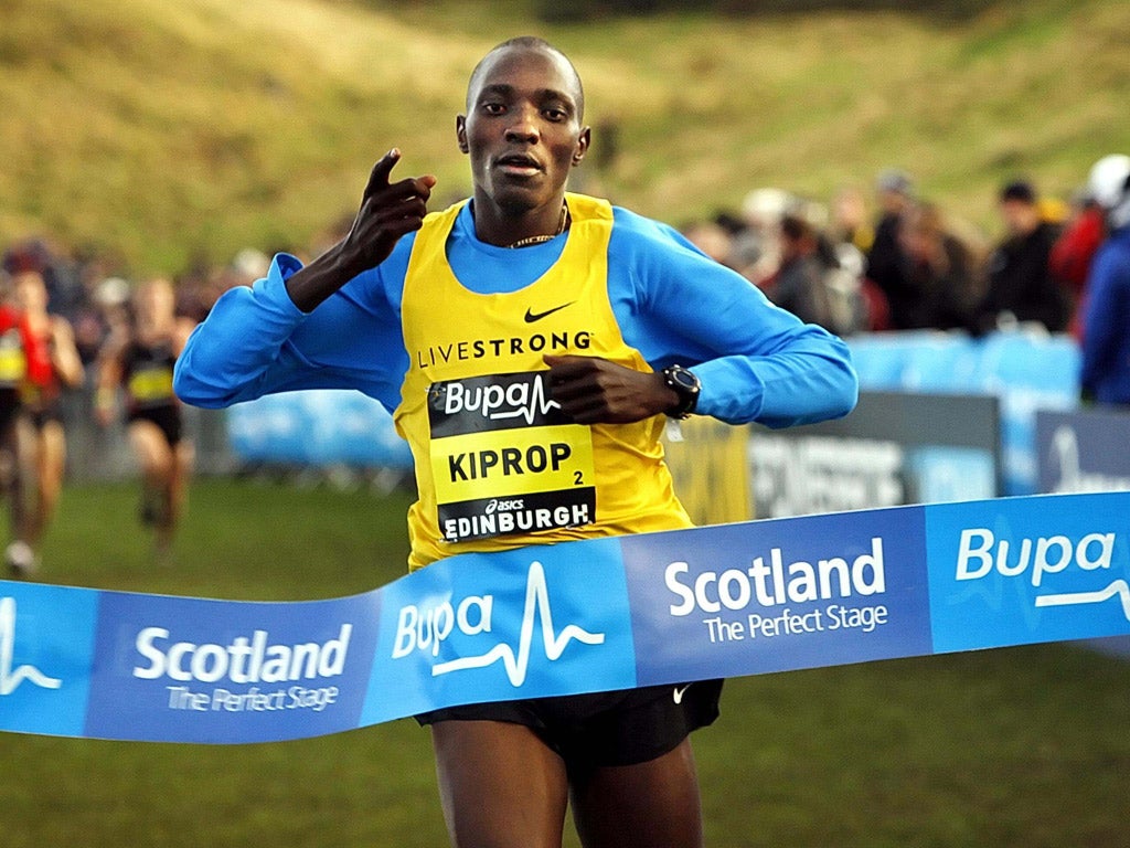 Asbel Kiprop crosses the line to win the Great
Edinburgh Cross-country meeting on Saturday