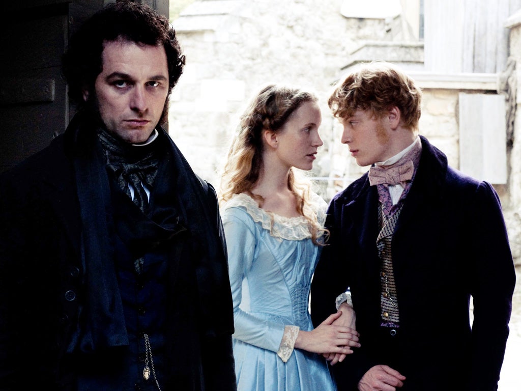 Odd man out: Matthew Rhys, Tamzin Merchant and Freddie Fox star in 'The Mystery of Edwin Drood'