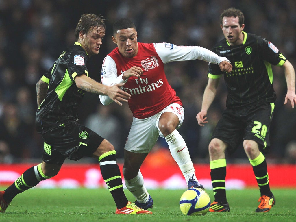 Alex Oxlade-Chamberlain bursts past Mika Vayrynen
and Aidan White