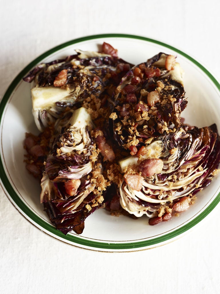 Roasted radicchio with bacon and pangritata