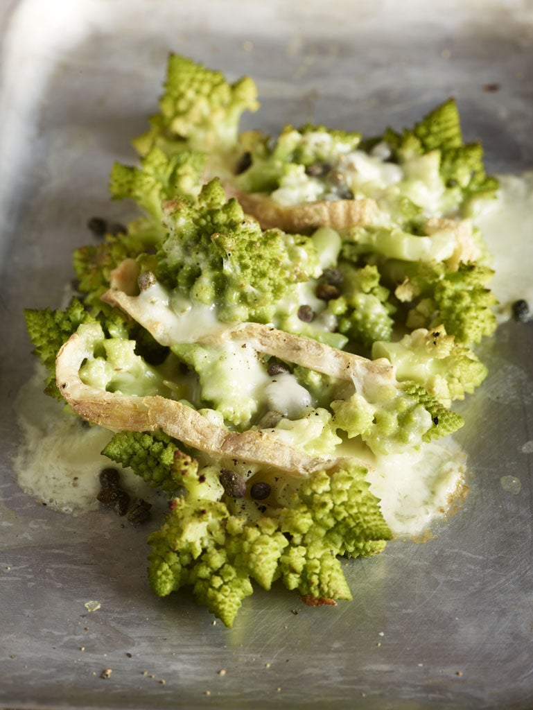 Romanesco with taleggio and capers