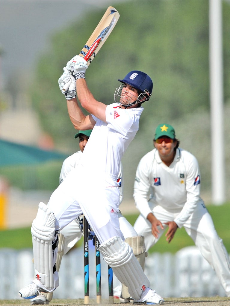 Alastair Cook hits out on his way to yet another century for England yesterday