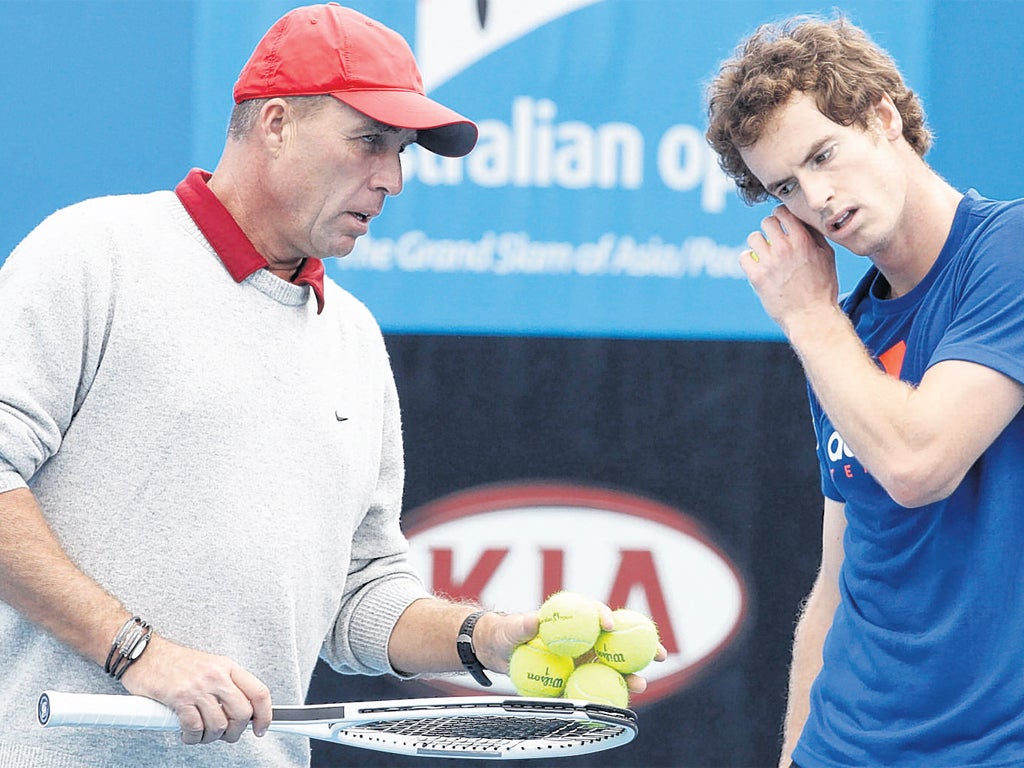 Andy Murray listens to new coach Ivan Lendl during a practice session in Melbourne yesterday