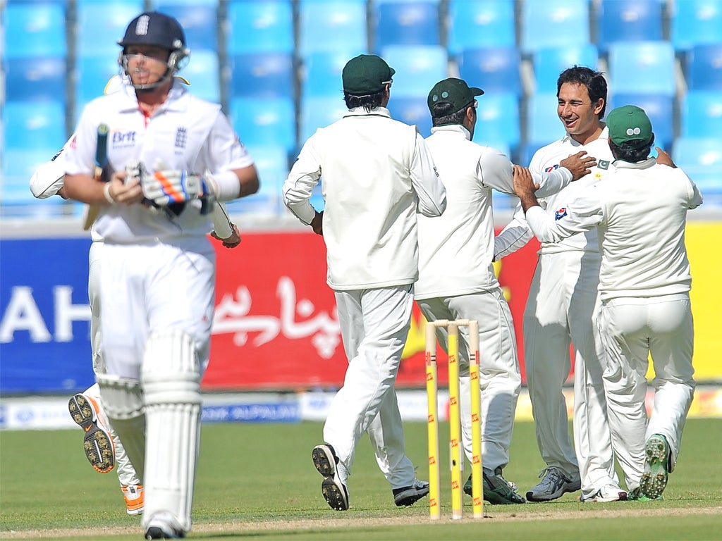 Ian Bell trudges from the field after falling for a golden duck, caught behind off Saeed Ajmal