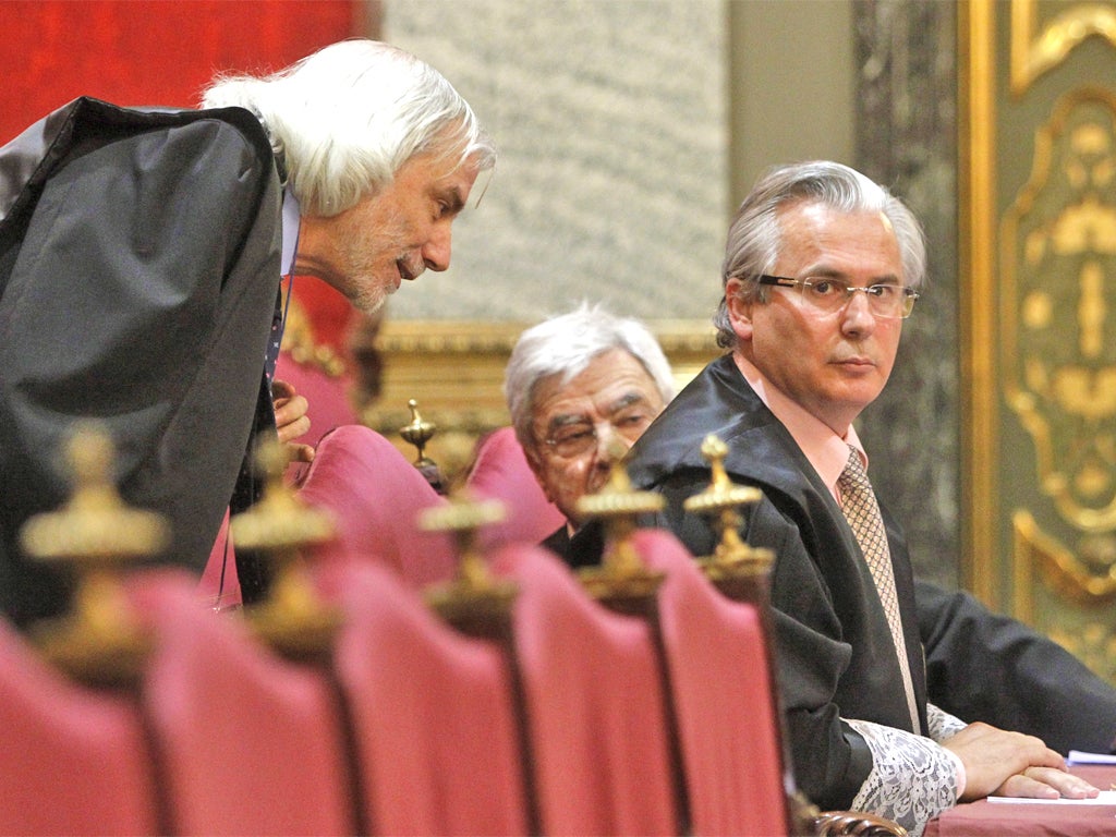 Spanish judge Baltasar Garzón at the beginning of a trial against him at the Supreme Court in Madrid