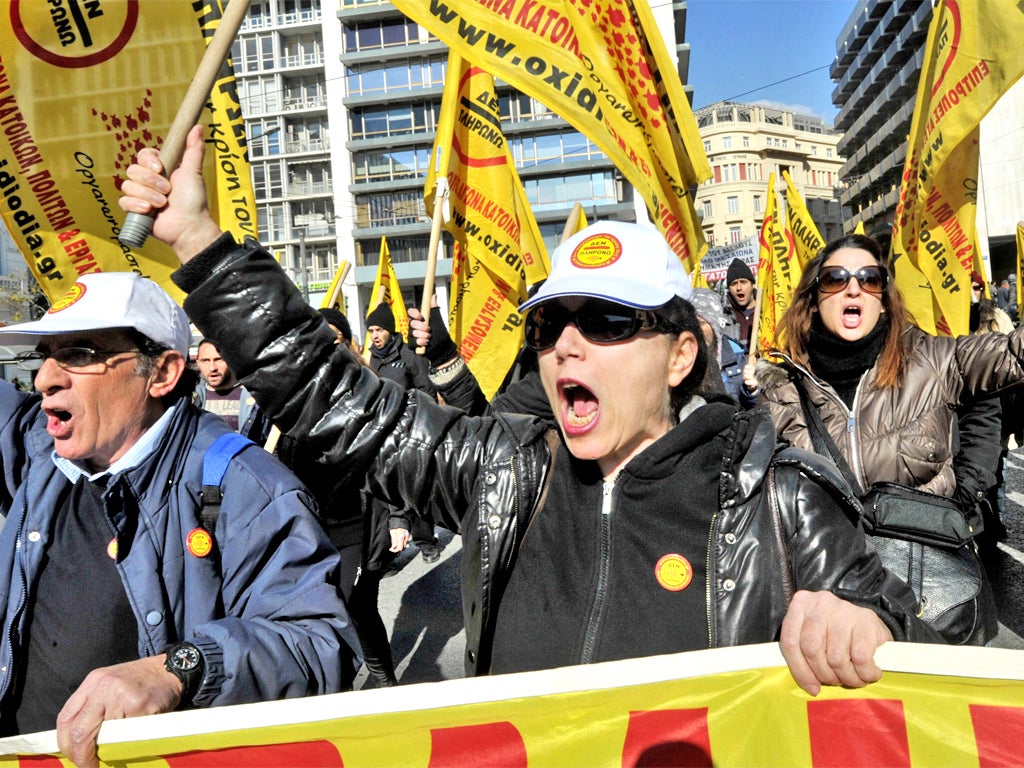 Protesters from Greece's 'I won't pay' movement march in Athens yesterday during a 24-hour strike against the government’s austerity measures