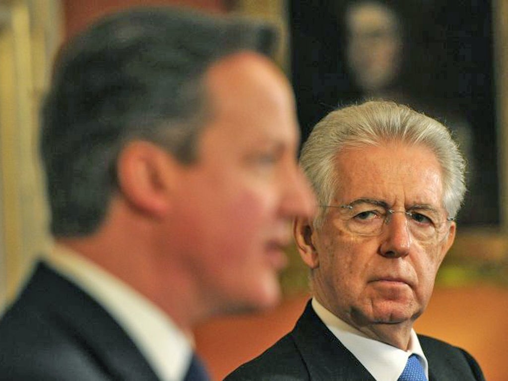 David Cameron with the Italian premier Mario Monti yesterday