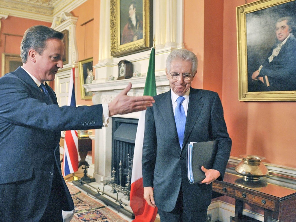 David Cameron and Italian Prime Minister Mario Monti discussed the eurozone crisis at Downing Street yesterday