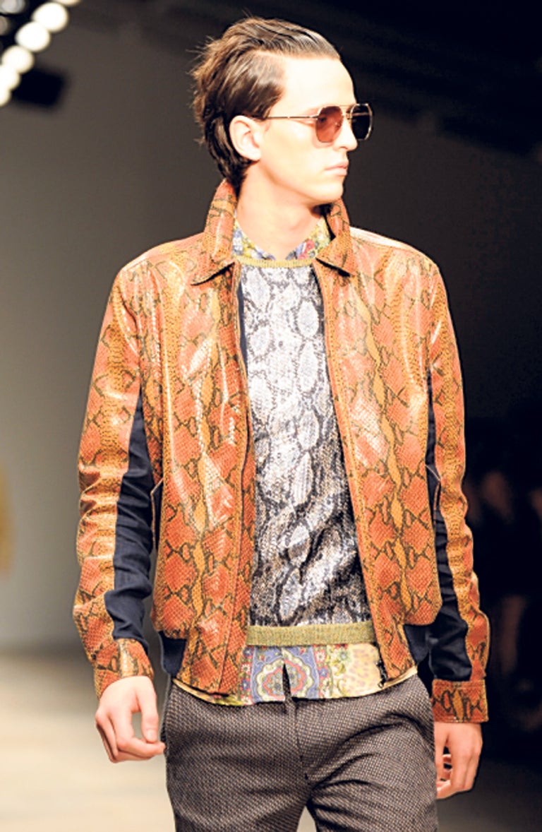 James Long: First menswear designer to win funding
through the BFC’s Fashion Forward scheme for emerging talent. Born in Northamptonshire, his signature style is 'leather, knits, and strong, bold, directional menswear'