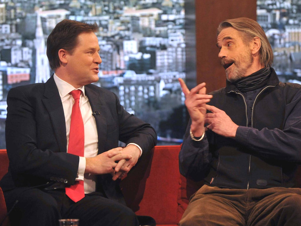 Actor Jeremy Irons with Deputy Prime Minister Nick Clegg on BBC’s The Andrew Marr Show yesterday