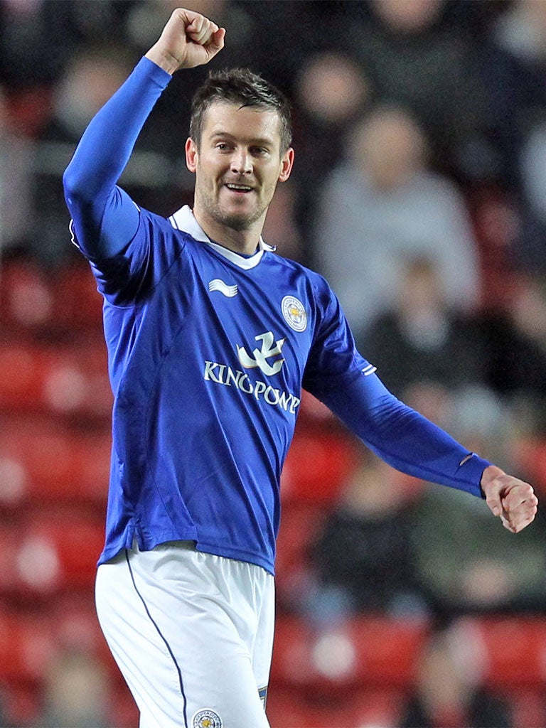 Leicester's David Nugent celebrates opening the scoring last night