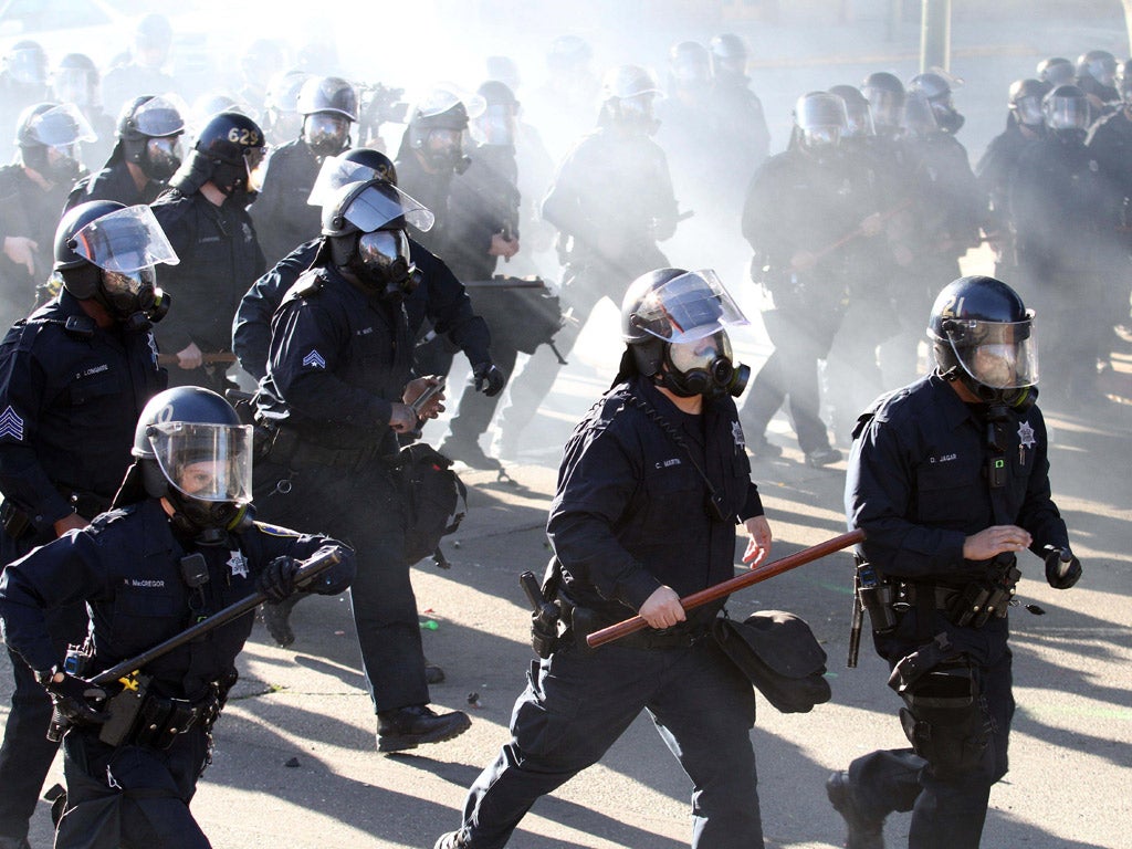 Weekend protests brought dozens of police around City Hall in Oakland, California, yesterday