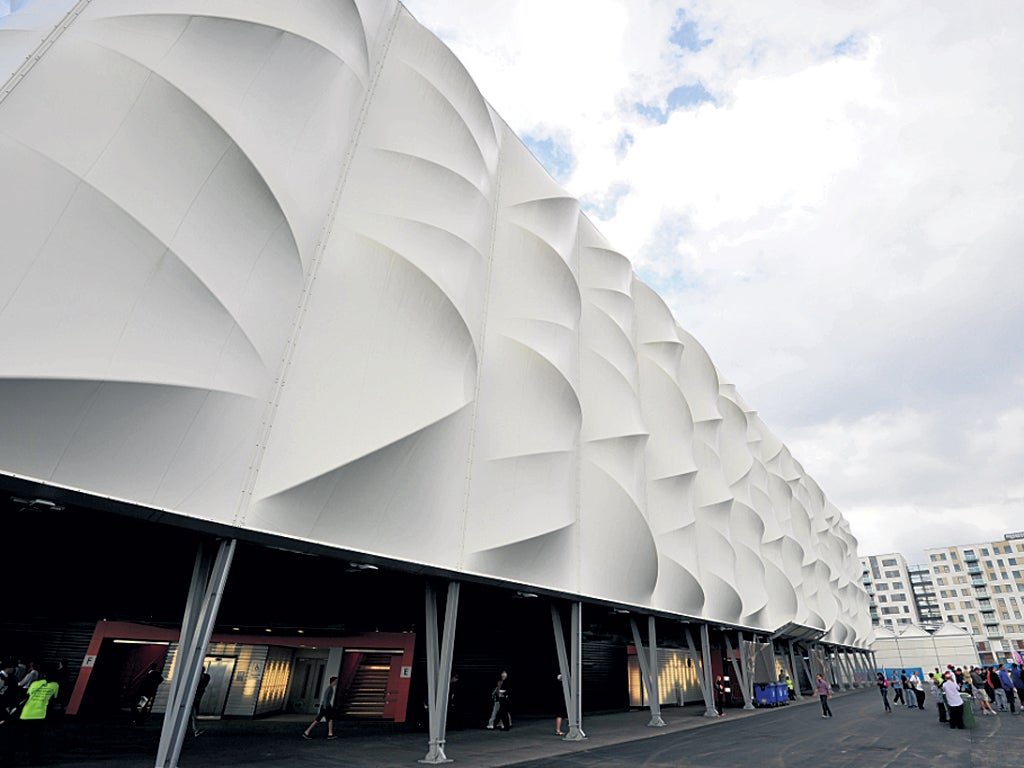 The rectangular basketball arena is due to be dismantled after the Games and reused