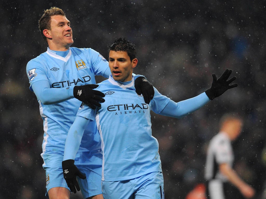 Freeze frame: Sergio Aguero and Edin Dzeko celebrate City’s opener