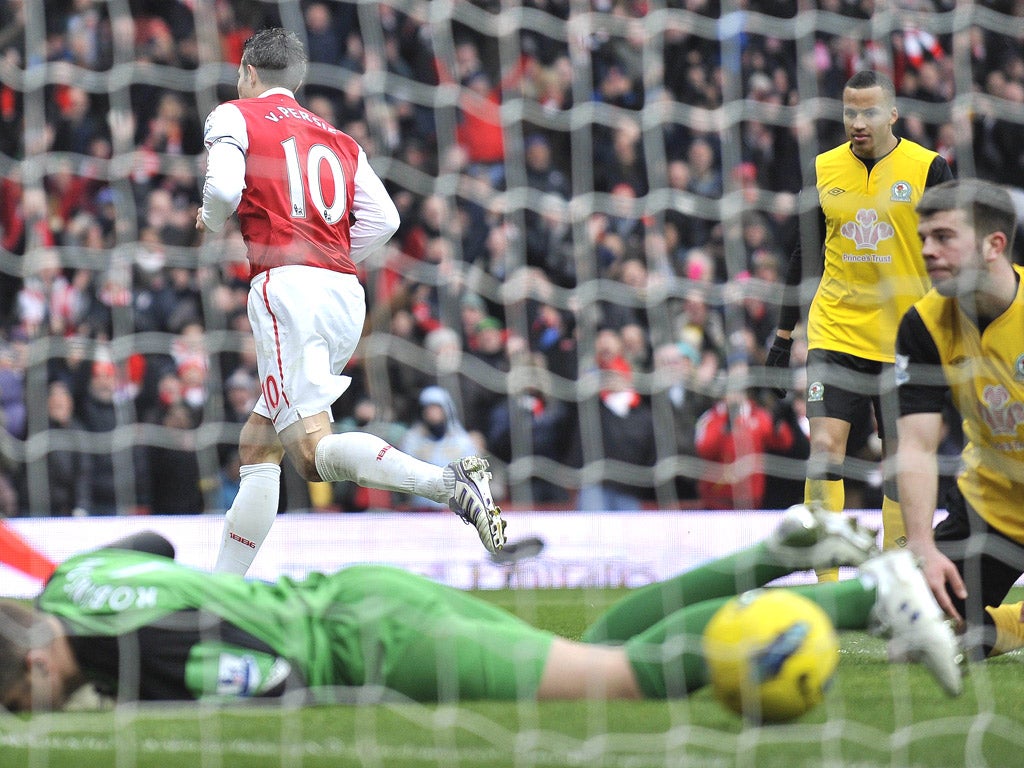 Three and easy: Arsenal’s red-hot Robin van Persie scored hat-trick against Blackburn