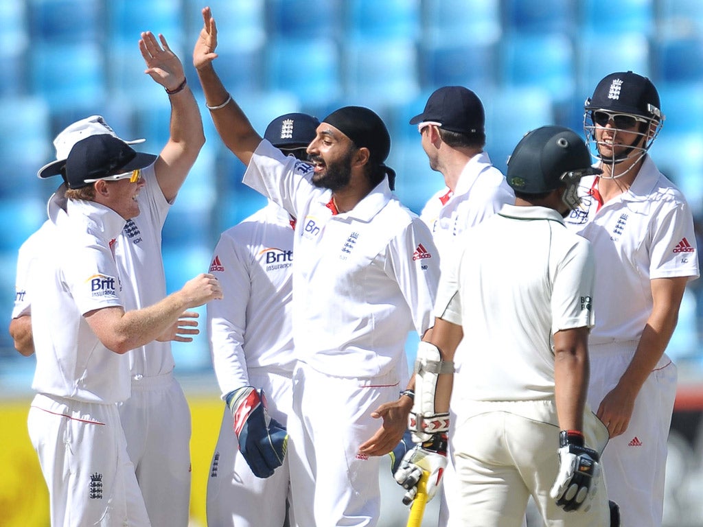 Monty Panesar celebrates after dismissing Pakistan captain Misbah-ul Haq – he was lbw for the fifth time in the series