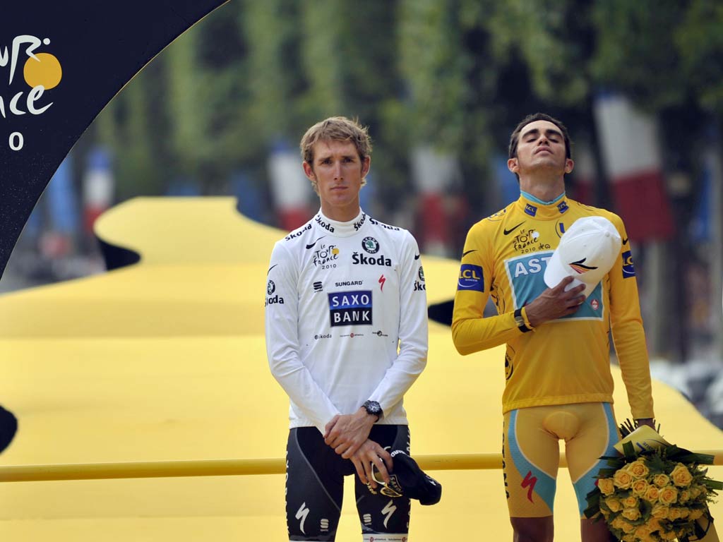 Andy Schleck (left) pictured with Contador during the 2010 Tour de France