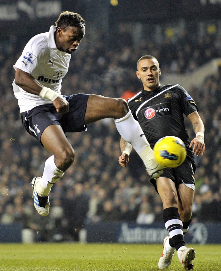 Saha so good: Tottenham’s Louis Saha scores the second goal during the victory over Newcastle