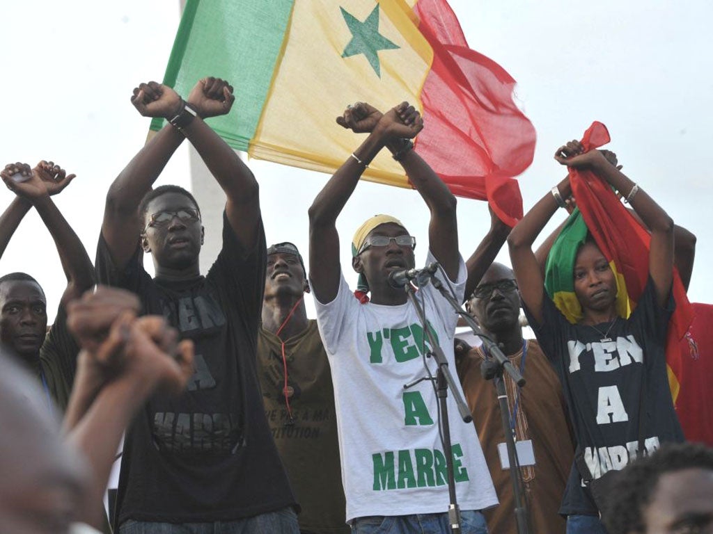 Fadel Barro, a Y’En a Marre activist, addresses a rally in Dakar