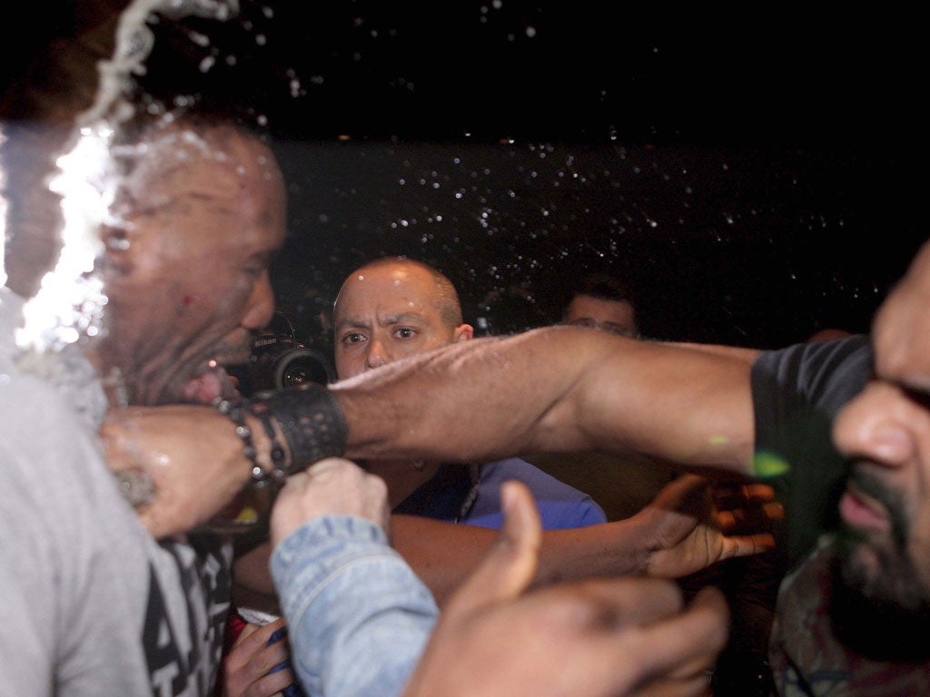 Heavyweight boxer
David Haye punches
Dereck Chisora during
a news conference in
Munich on Saturday
night.