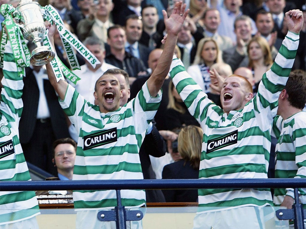 Neil Lennon, the Celtic manager, has cautioned against comparing his current side with the record-breaking vintage of which he (right) and Henrik Larsson (left, holding the 2004 Scottish Cup) were key members