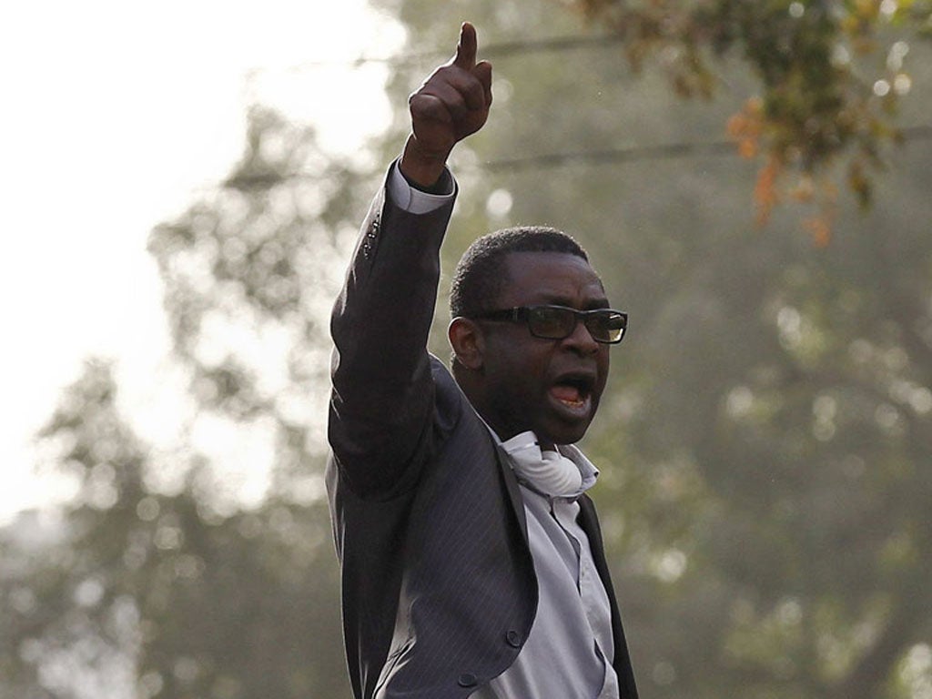 Youssou N'Dour addresses protesters who are demanding that President Abdoulaye Wade steps down