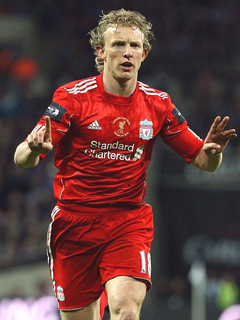 Dirk Kuyt celebrates after scoring Liverpool’s equaliser yesterday