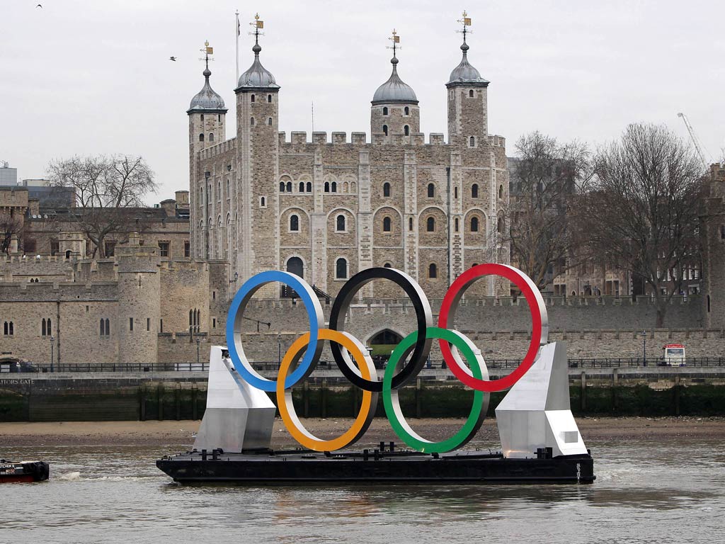 The Olympic rings displayed outside the Tower of London