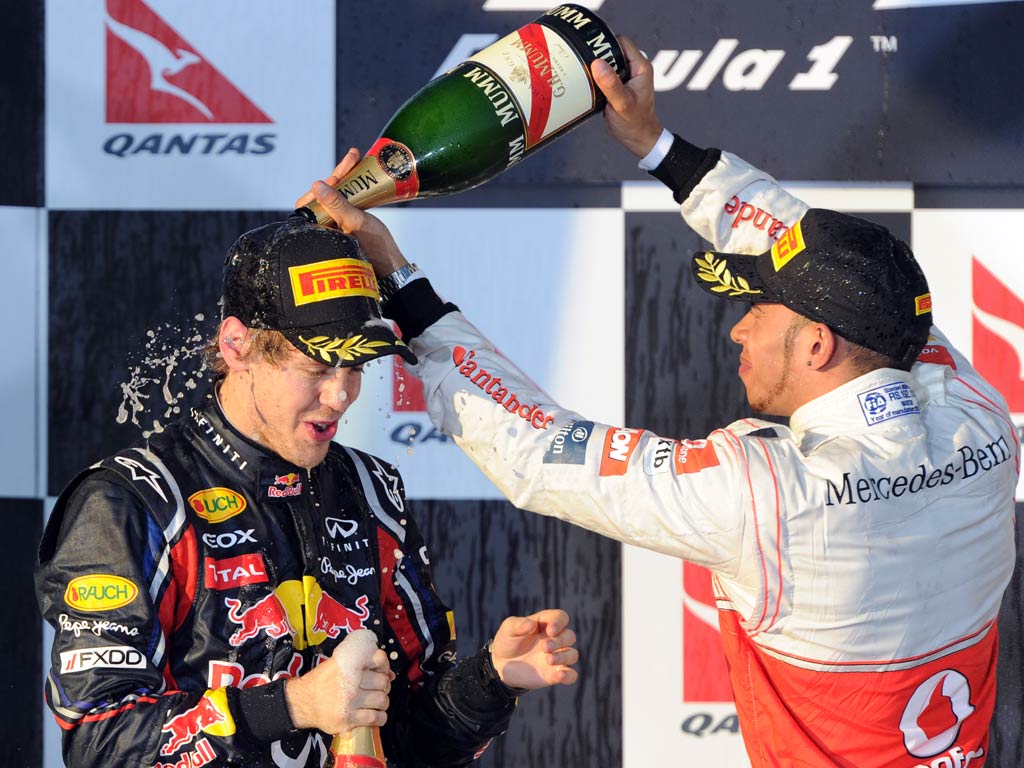 Vettel celebrates after winning at the Australian Grand Prix last year