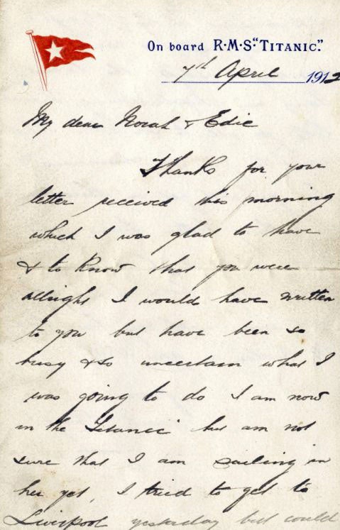 A page from a letter written by Chief Officer Henry Wilde while onboard the fateful ship