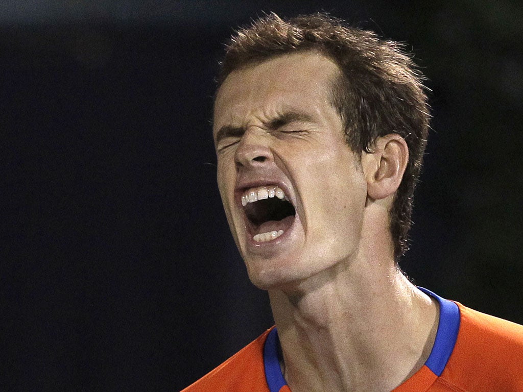 Andy Murray shows his frustration during his straight-sets defeat by Roger Federer in Dubai