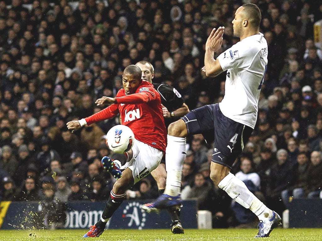 Manchester United’s Ashley Young scores his second goal yesterday