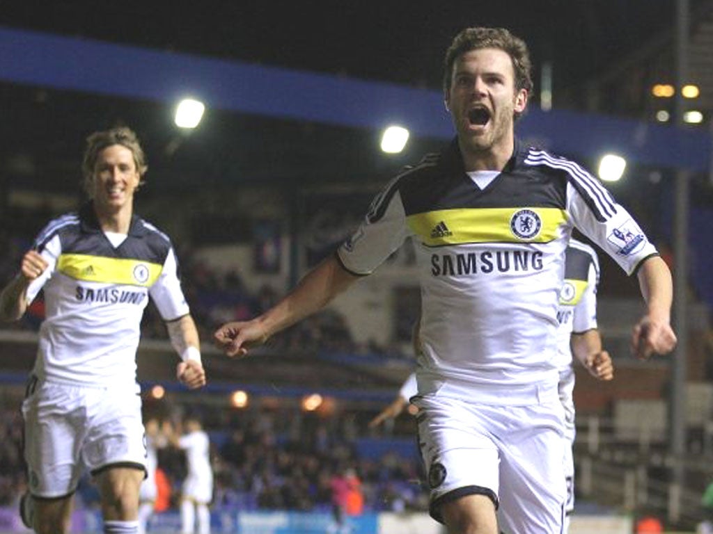 Juan Mata celebrates scoring Chelsea's first goal